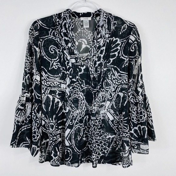 Cache Size XS Abstract Print Bell Sleeve Sheer Blouse Top Black White - Picture 1 of 5